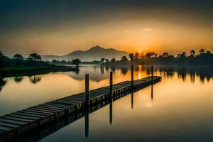a wooden dock in the middle of a lake at sunset. AI-Generated photo