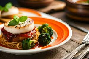 a plate with food on it and a fork. AI-Generated photo