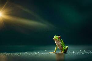 a frog sitting on a wet surface with the sun shining. AI-Generated photo