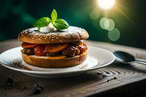 a hamburger with tomato and cheese on a white plate. AI-Generated photo