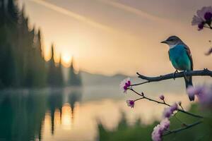 un pájaro se sienta en un rama cerca un lago a puesta de sol. generado por ai foto