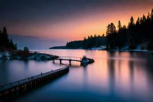 a pier in the middle of a lake at sunset. AI-Generated photo