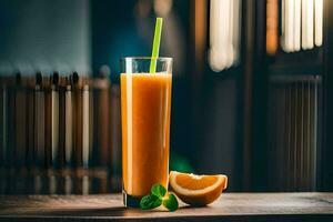 a glass of orange juice with a green straw. AI-Generated photo