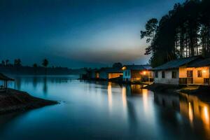 a lake at night with houses on the shore. AI-Generated photo