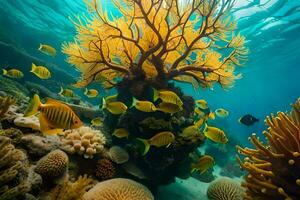 a coral reef with many fish and an orange tree. AI-Generated photo