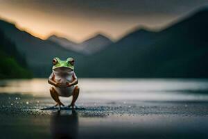 un rana en pie en el borde de un lago. generado por ai foto