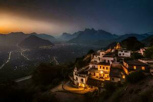 un pueblo en el montañas a puesta de sol. generado por ai foto