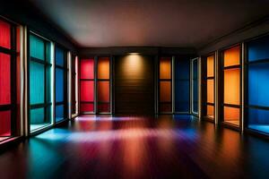 a room with many colorful windows and a wooden floor. AI-Generated photo