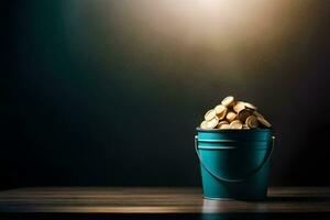a bucket filled with gold coins on a table. AI-Generated photo