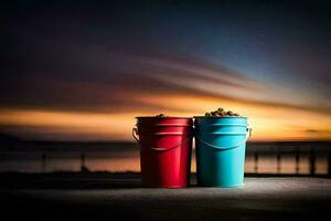 two buckets of peanuts on a dock at sunset. AI-Generated photo