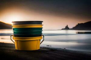 a bucket on the beach at sunset. AI-Generated photo