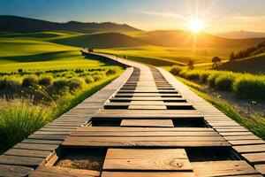 a wooden walkway leads to the sun. AI-Generated photo