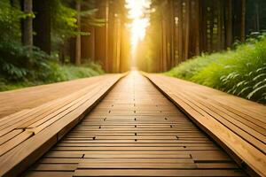 a wooden walkway in the middle of a forest. AI-Generated photo