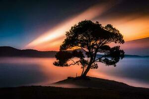 un solitario árbol soportes en un colina con vista a el océano. generado por ai foto