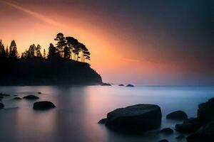 a beautiful sunset over the ocean with rocks and trees. AI-Generated photo
