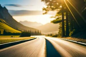 a road in the mountains with the sun shining. AI-Generated photo