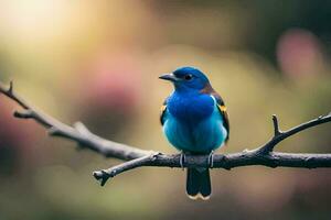 un azul pájaro sentado en un rama. generado por ai foto