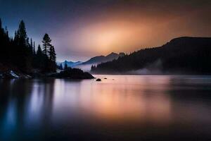 a lake in the mountains with trees and fog. AI-Generated photo