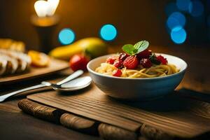 spaghetti with strawberries and basil on a wooden table. AI-Generated photo