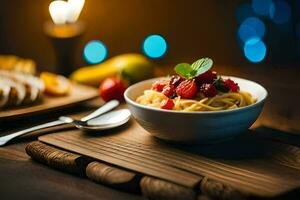 espaguetis con fresas y albahaca en un de madera mesa. generado por ai foto