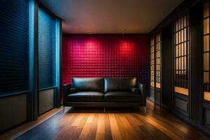 a room with a black leather couch and red walls. AI-Generated photo