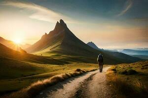 un persona caminando abajo un suciedad la carretera en el montañas. generado por ai foto