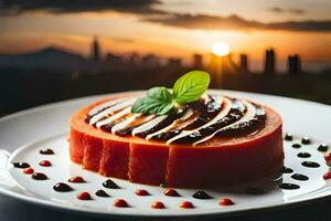 a slice of watermelon on a plate with a sunset in the background. AI-Generated photo