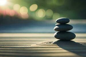a stack of stones sitting on top of a wooden table. AI-Generated photo