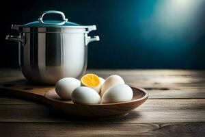 a pot with eggs and a pan on a wooden table. AI-Generated photo