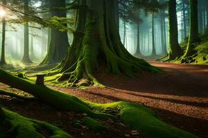 a forest with green trees and moss. AI-Generated photo