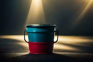 a red and blue bucket sitting on a dark floor. AI-Generated photo