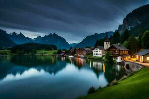un lago y montaña pueblo a noche. generado por ai foto