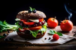 un hamburguesa con vegetales y Tomates. generado por ai foto