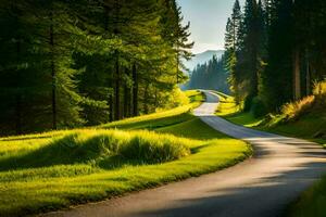 a winding road in the forest with trees and grass. AI-Generated photo