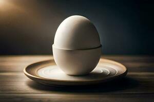 an egg on a plate on a wooden table. AI-Generated photo