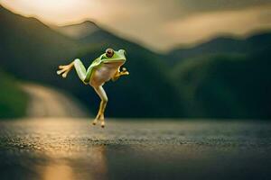 a frog jumping on the road with a mountain in the background. AI-Generated photo