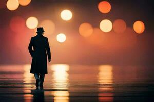 a man in a hat and coat walking along the water at night. AI-Generated photo