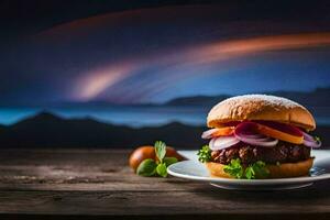 un hamburguesa con vegetales y un arco iris en el antecedentes. generado por ai foto