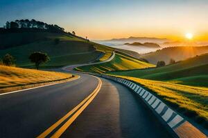 the sun rises over a winding road in the hills. AI-Generated photo