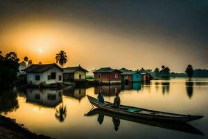 a man in a boat is on the water at sunset. AI-Generated photo