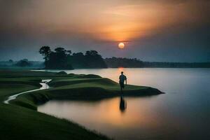 a man stands on a small island in the middle of a lake at sunset. AI-Generated photo