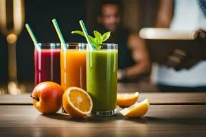 a group of juices on a table. AI-Generated photo