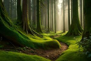 a path through a forest with mossy trees. AI-Generated photo