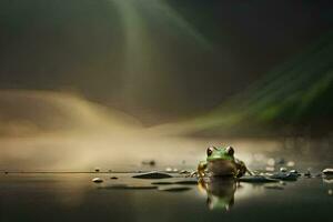 a frog sitting on the ground in the water. AI-Generated photo