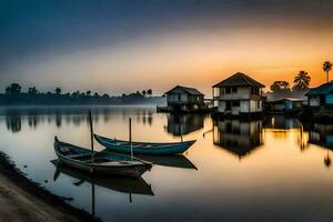boats are docked at the shore of a lake at sunrise. AI-Generated photo