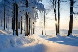snow covered trees and the sun shining through the trees. AI-Generated photo