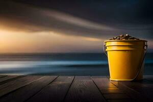 a bucket of sand on a wooden deck overlooking the ocean. AI-Generated photo