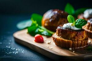 small cakes with cream and herbs on a wooden cutting board. AI-Generated photo