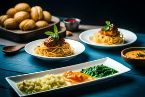 three plates of spaghetti, meatballs and sauce on a blue table. AI-Generated photo