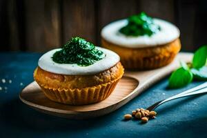 two cupcakes with cream cheese and pesto on a wooden board. AI-Generated photo